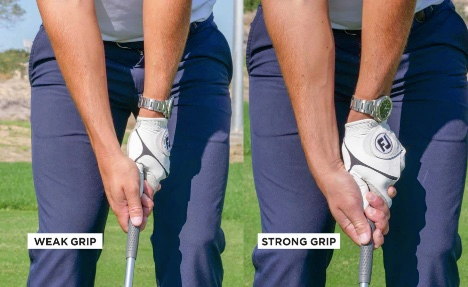 A golfer with a proper grip and setup for a draw shot